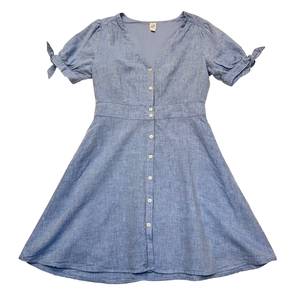 Gap Blue Linen Blend Button Front Puff Sleeve Tie Cuff Fit Flare Dress Size 8 - Picture 2 of 9